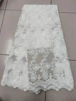 

2020 high quality French Nigerian sequins net lace,African tulle mesh sequence lace fabric for party dress 5yards/lot white
