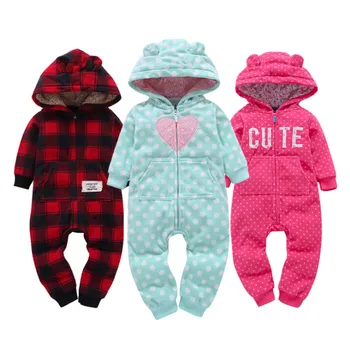 

3-24M Autumn Winter Fleece Baby Rompers Cute Pink Baby Girl Boy Clothing Infant Baby Girl Clothes Jumpsuits Footed Coverall
