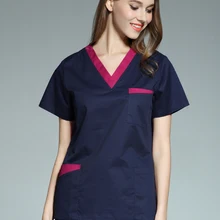 Puro Cotone di Colore Blocco Scrub Top Delle Donne Uniformi Manica Corta Con Scollo A V Camicia Veterinaria Laterale Vent Grandi Tasche Abbigliamento Da Lavoro