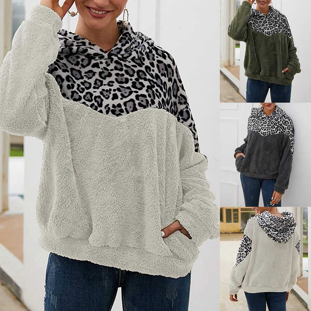 

Puimentiua Casual Ladies Hooded Sweatshirt Warm Patchwork Leopard Splice Top Autumn Turtleneck Pull Femme Winter Plush Top Mujer