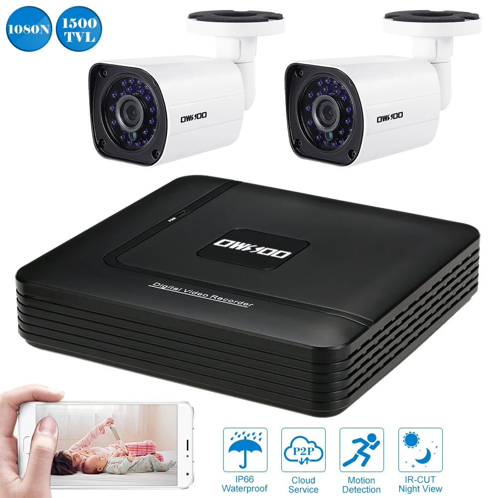 OWSOO 4CH 1080N цифровой видеорегистратор+ 2 шт AHD 720P 1500TVL Всепогодная Наружная цилиндрическая CCTV камера
