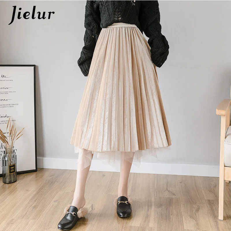 Apricot Jielur корейские женские Юбки Модная элегантная женская плиссированная юбка шикарная Золотая велюровая сетка чистый цвет черный - Цвет: Apricot