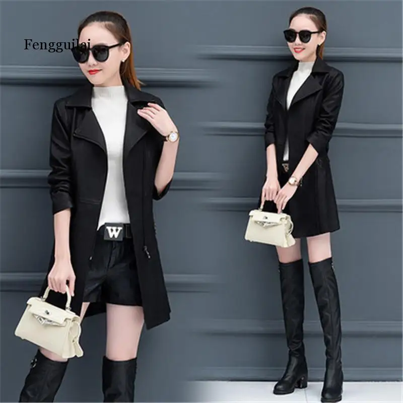 

2021 Female New Korean Loose Long section Spring Autumn Windbreaker PU Leather Jacket Fashion Plus Size 5XL Leather Jackets