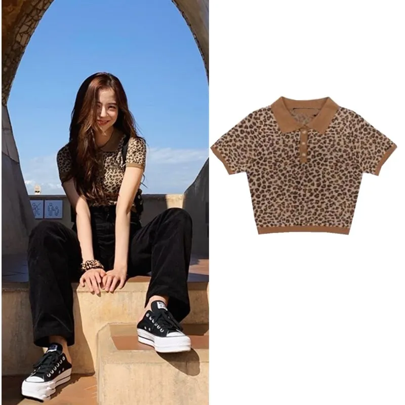 

kpop Blackpink jisoo same Summer new tees women fashion Leopard knitting POLO shirt short-sleeve T shirt female retro short tops