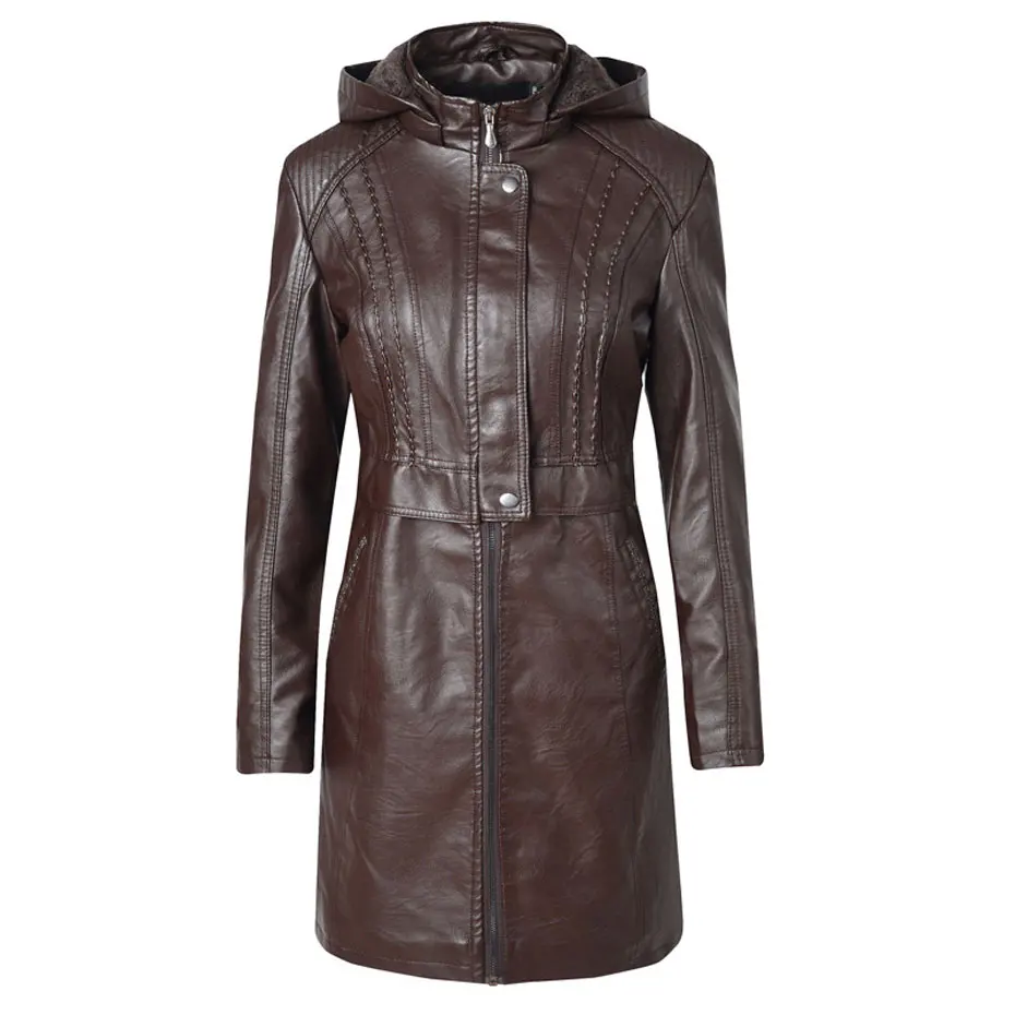 Hoodie Thick Fleece Long Leather Jacket Women's Winter Coat Warm Moto Outwear jaquetas couro veste cuir femme chaqueta mujer - Цвет: coffee