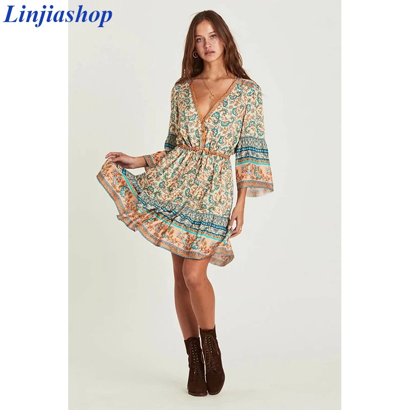

Vintage bohemian mini dress women floral print bat sleeve beach long boho dress ladies v neck robe femme kimonos austria vestido