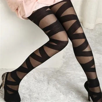 

LJCUIYAO Knitted Pantyhose For Women Sexy Striped Bandage Ultra-thin Tights Elastic Slim Pantyhose Lady Sexy Fishnet Stockings