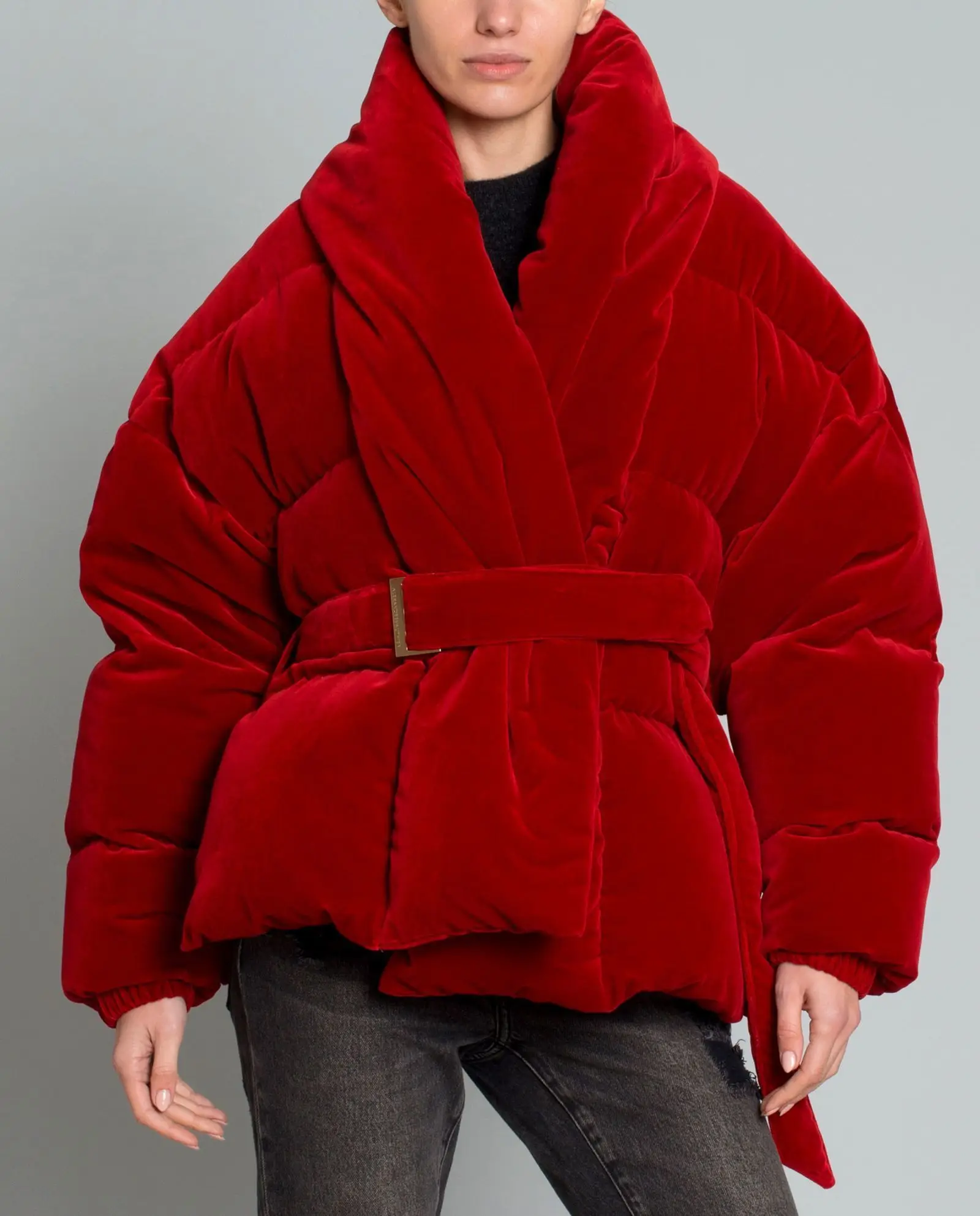 Новая зимняя модная женская одежда хлопковая стеганая одежда винно-красного цвета пояс с регулируемой талией F749