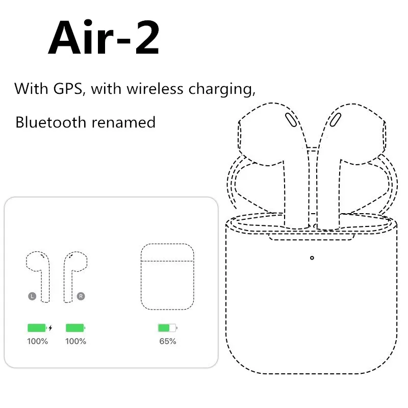 

Air2 Wireless bluetooth Earbuds Noise Cancelling Real Battery Headset With Microphone With GPS, with wireless charging