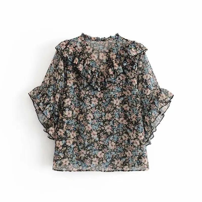 

Vintage Flower Print Women V Neck Cascading Ruffle Shirt Chiffon Smock Autumn Leisure Lady Flare Sleeve Blouse Loose Tops S6276