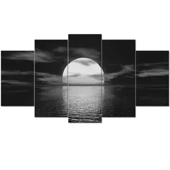 

5 Panel Black and White Canvas Wall Art Full Moon on Sea Ocean Landscape Picture Prints Seascape Paintings for Home Living Room