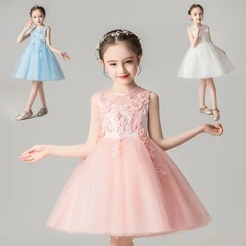 

Light Blue Tulle Prom Flower Girl Dress for Wedding Party Children Birthday Dress Floral Baby Baptism First Communion Holy Gowns