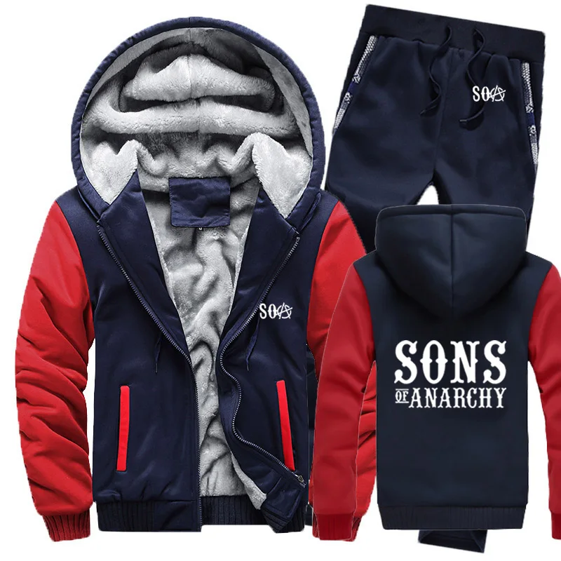SOA Sons of толстовки анархия мужской костюм Зимние флисовые утепленные пальто на молнии свитшоты, мужские худи куртка + брюки комплекты из 2