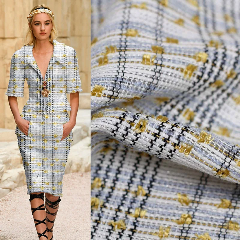 

100x150cm Blue White Gold Dot Yarn Dyed Weaving Tweed Fabric for Woman Autumn and Winter Dress Coat Fragrance suit DIY Sewing