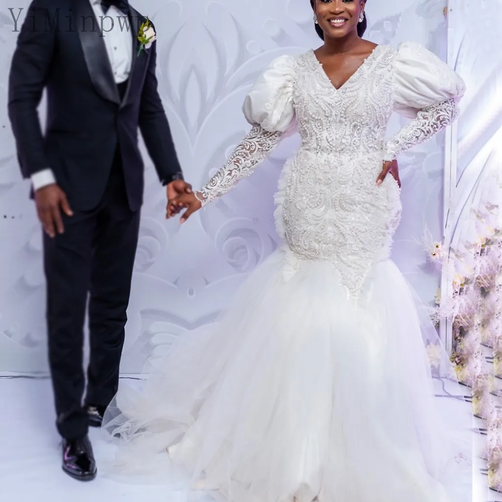 Puff Sleeve Mermaid Wedding Dresses For Bride V Neck Corset Closure Hollow Back Sweep Train Lace