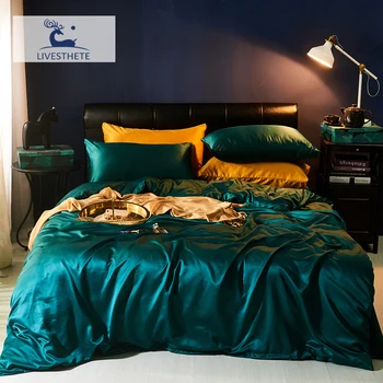 

Liv-Esthete Luxury 100% Silk Dark Green Bedding Set Silky Duvet Cover Pillowcase Flat Sheet Double Queen King Bed Linen For Home
