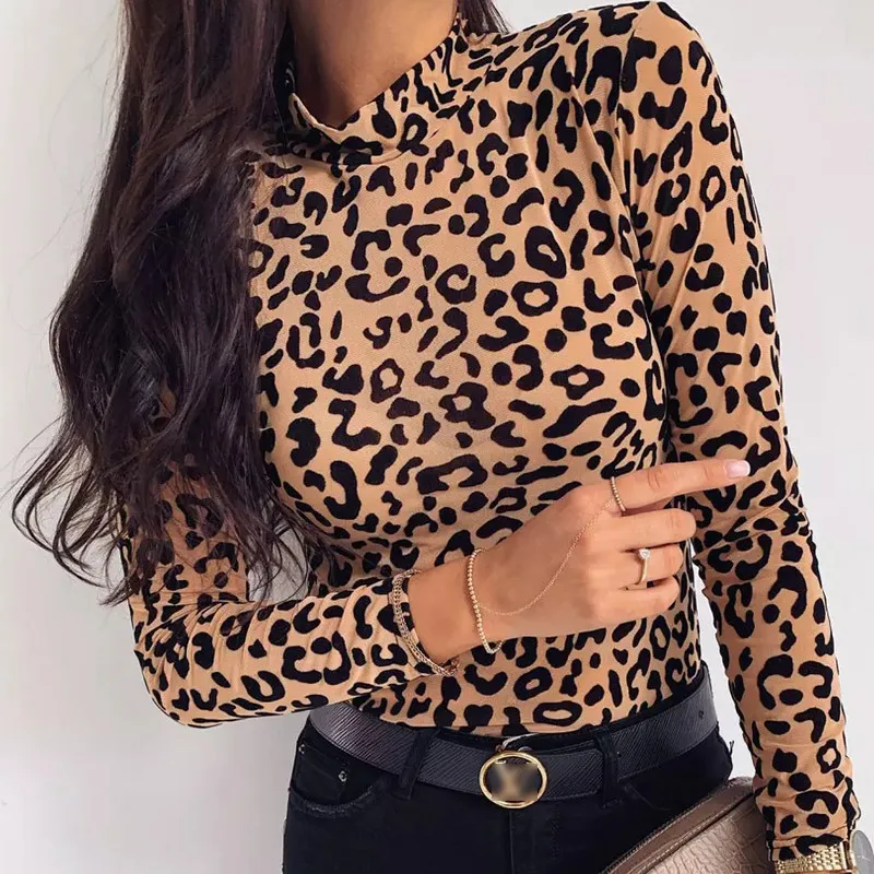 Леопардовый принт, о-образный вырез, длинный рукав, топ, тонкая летняя футболка, сексуальная женская футболка, сорочка женская, ажурная, женский в Корейском стиле, футболка