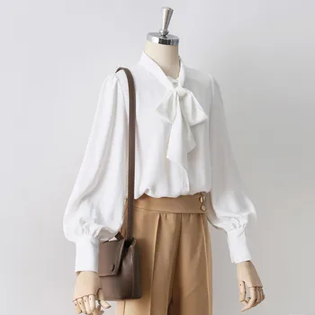 

Fashion Bow Tie Elegant Chiffon Blouses Women Spring Autumn Long Sleeve Shirt Korean Elegant Solid Tops Office Lady Work Wear