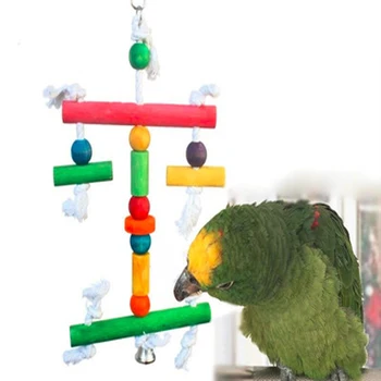 

2019 1pc Pet Bird Gnaw Hanging Bite Toys Cotton Rope Rainbow Wooden Blocks Toy For Parrots To Gnaw Bird Chew Toy