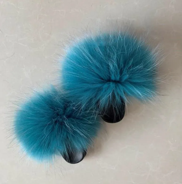 

Real Fox Fur Slides 2020 Summer Cute Fluffy Wholesale Bulk Raccoon Fox Slippers Natural Fashion Beach Flats Women Furry Slippers