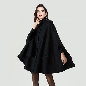 

Sisjuly Gothic Women Wool Cape Coats Button Loose Casual Outerwear Stylish Autumn Winter Warm Overcoat Female Black Top Coat