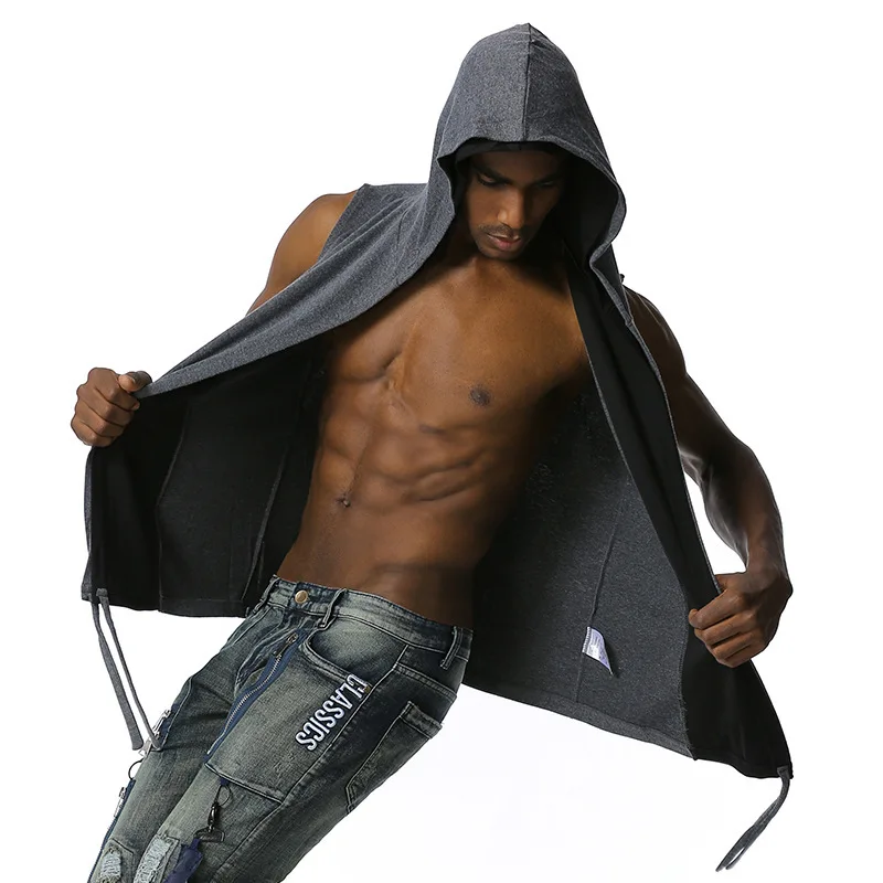 

sleeveless Hooded cardigan men Solid color fashion men's coat sleeveless vest jacket men Zipper cardigan Hip hop