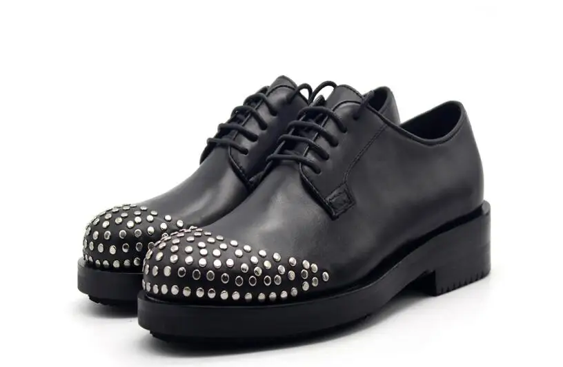 

High top handmade men shoes round toe black rivet genuine leather lace up formal wedding business shoes for men