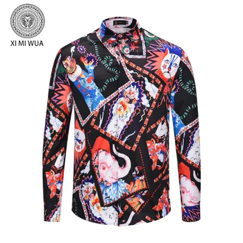 

100% Cotton Circus Clown Animal Print Long Sleeve Mens Shirts Casual Slim Fit Shirts Men Dress Formal Social Shirt Camisa