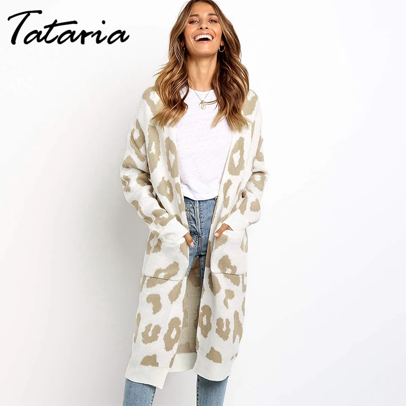 

Tataria Autumn Winter Women Long Sleeve Knitting Cardigan Sweater Women Leopard Dot Knitted Long Cardigan Overcoat for Female