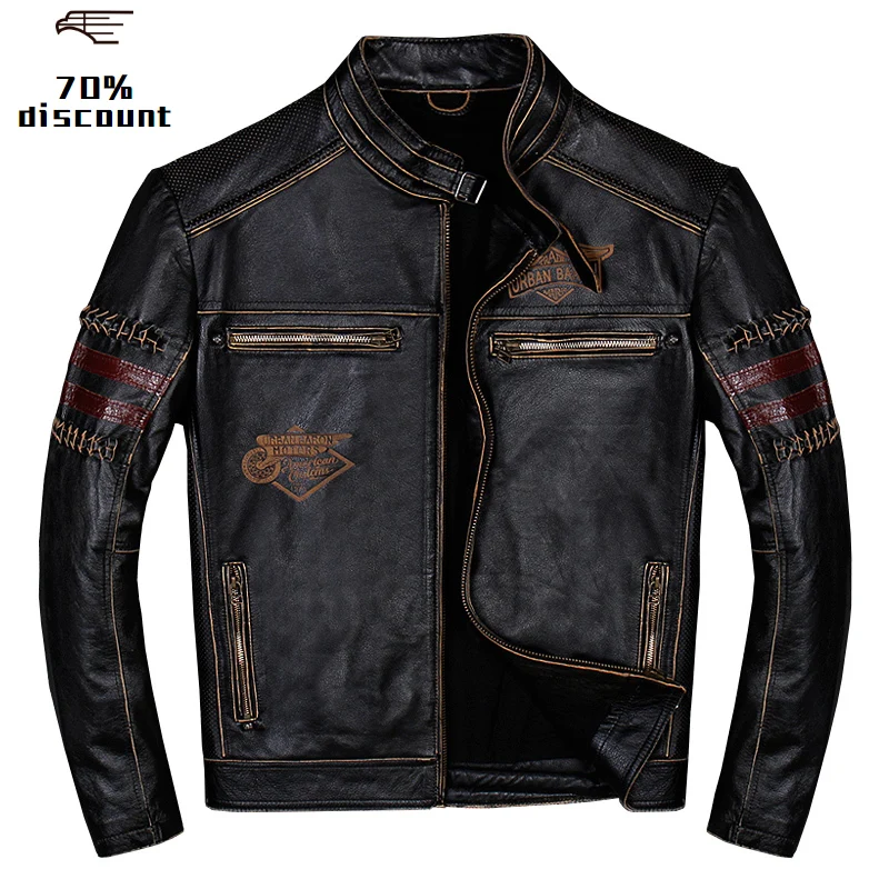 

2020 Vintage Black Men Genuine Biker's Leather Jacket Plus Size XXXL Cowhide Slim Fit Motorcycle Leather Coat FREE SHIPPING