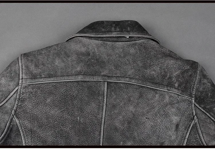 Men's Vintage Gray Motorcycle Leather Jacket Genuine Thick Cowhide Male Suit Coats M-XXXL