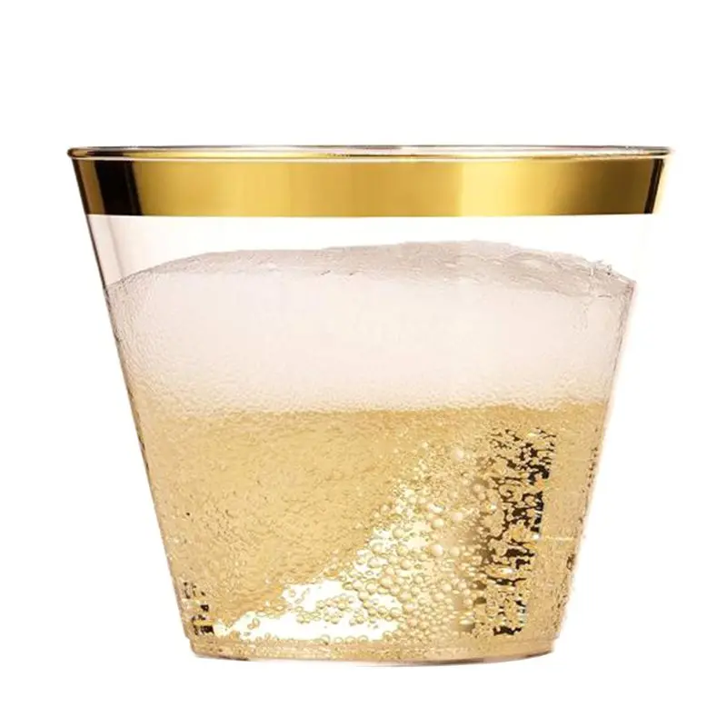 60 Gold Plastic Cups 9 Oz Clear Plastic Cups Old Fashioned Tumblers Gold Rimmed Cups Fancy Disposable Wedding Cups