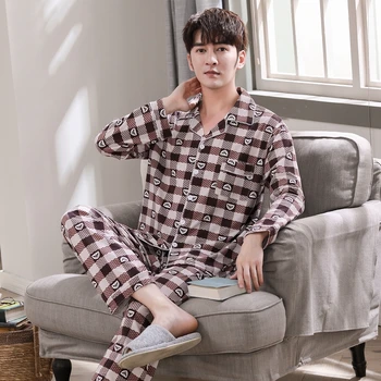 

Spring Autumn Mens Pajamas 100%Cotton Striped Pajama Set Short-sleeve Turn-down Collar Casual Men Pyjamas Plus Size L-3XL Pijama