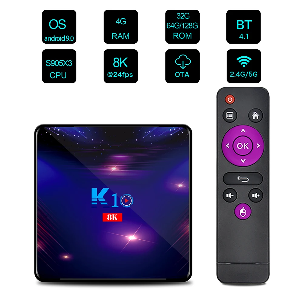 ТВ-приставка K10 Android 9 0 Amlogic S905X3 8K UHD 4K 2 4/5G двухдиапазонный Wi-Fi 1000 Мбит/с LAN Youtube |