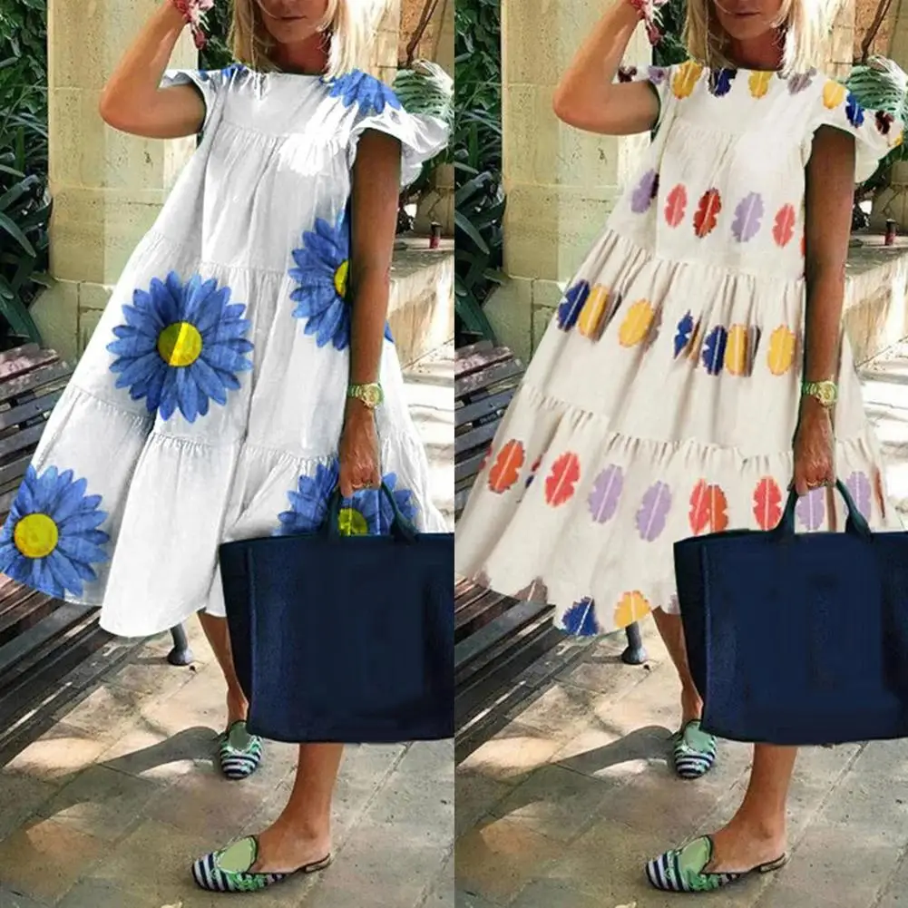 

Women Casual O Neck Short Sleeve Marguerite Print Large Hem A Line Midi Dress