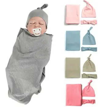 

Newborn Baby Girl Boy Swaddle Wrap Blanket Cotton Sleeping Bag+Headband+Hat Outfits 3PCS Set
