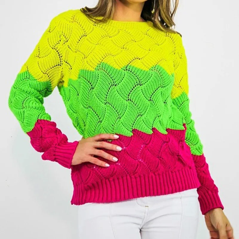 

Autumn Knit Pullover Round Neck Long Sleeve Sexy Loose Rainbow Color Women Sweater