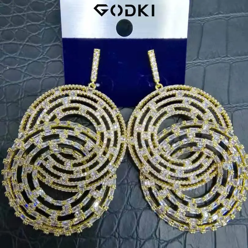 GODKI свадебные Дубай Свадебные Висячие Роскошные серьги кубический циркон круглые массивные большие круглые серьги для женщин - Окраска металла: Gold