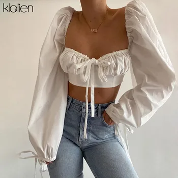 

KLALIEN fashion elegant french romantic white female t shirt autumn lantern Sleeve sexy bow bandage top women slim wild t shirt