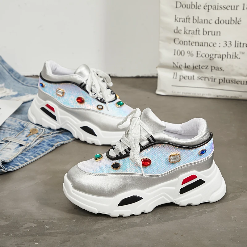 

2019 New Fashion Crystal Vulcanized Shoes Women Chunky Sneakers Wild Comfortable Height Increase Platform Glossy Pu Casual Shoes
