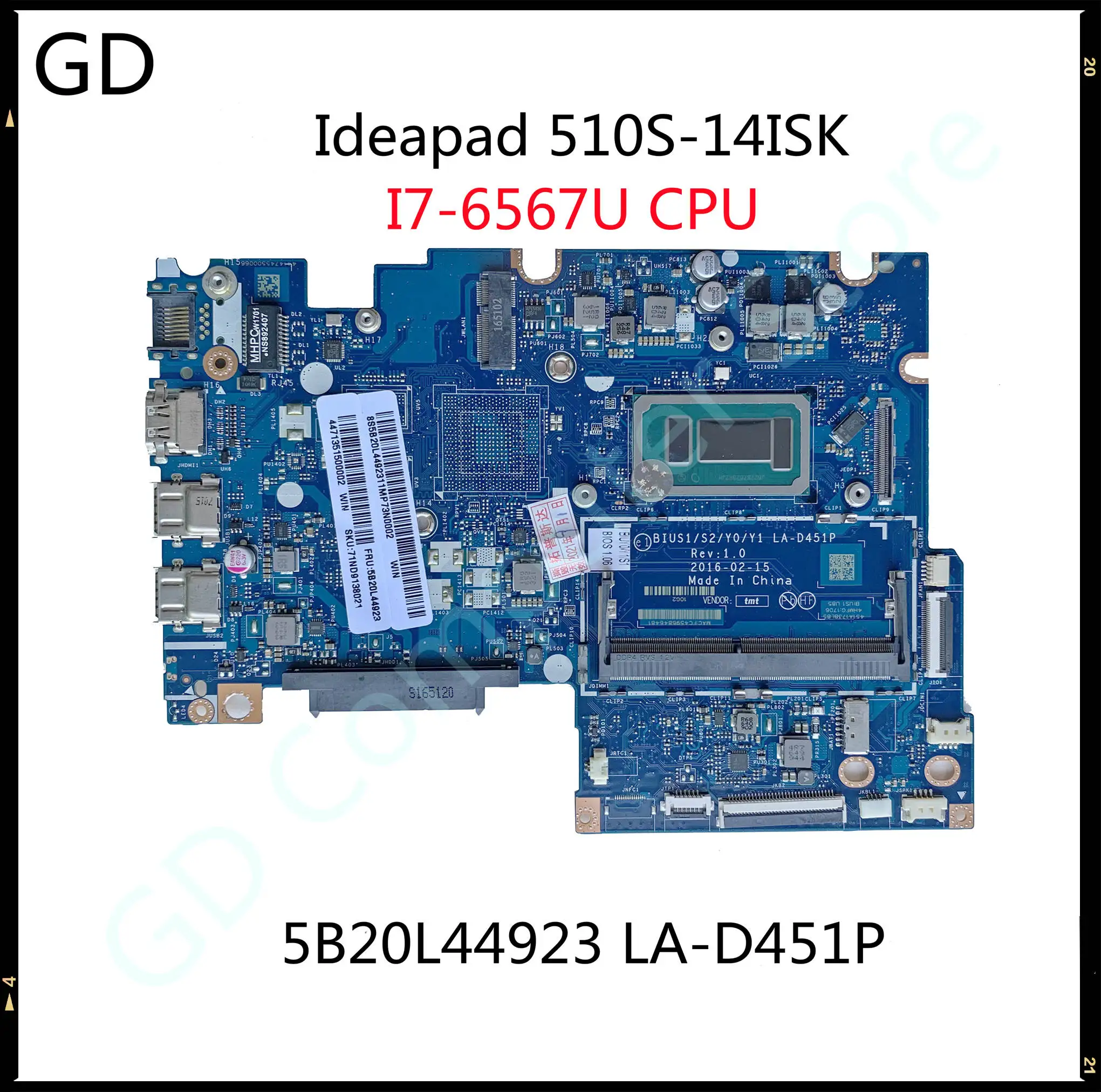 GD оригинал для Lenovo Ideapad 510S-14ISK материнская плата ноутбука FRU 5B20L44923 со стандартным