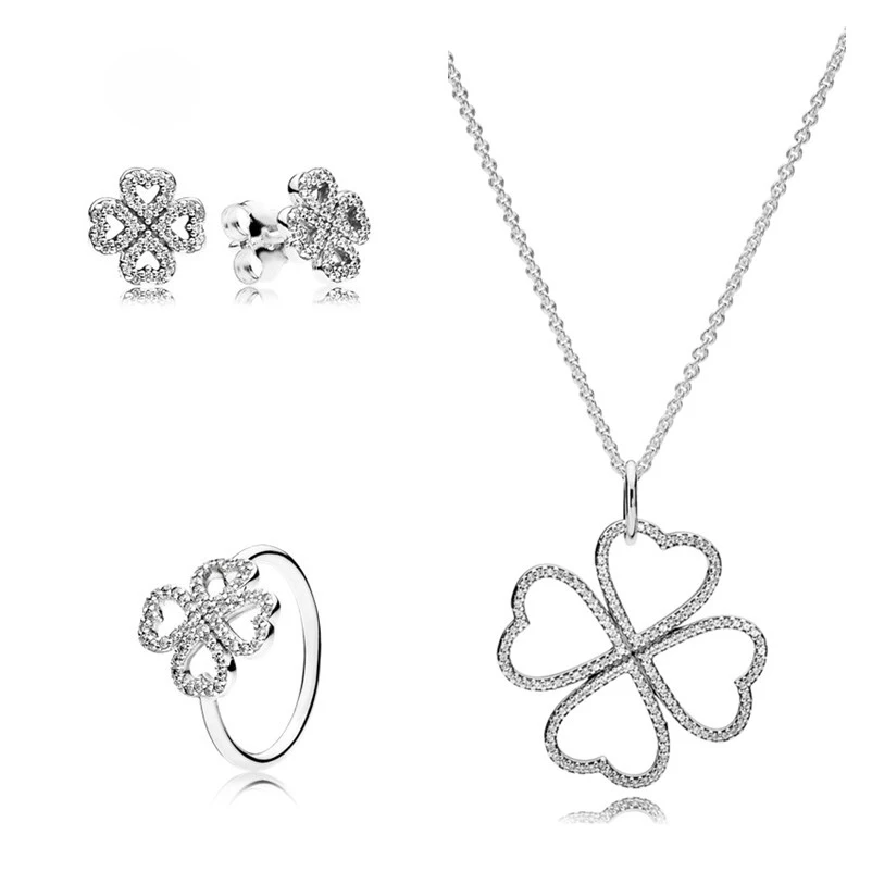 

NEW 100% 925 Sterling Silver Clover Flower sShaped Zircon Hollow Elegant Ring Female Models Ring Ear Studs Necklace Pendant