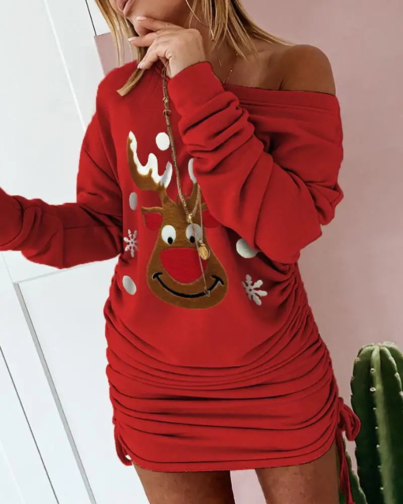 

Fashion Women Christmas elk Snowflake Print Bodycon Mini Dress Long Sleeve Drawstring Ruched Sweatshirt Dress