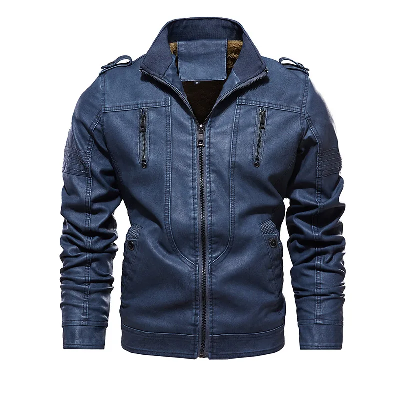 Кожаные мужские куртки, Зимние Куртки из искусственной кожи, пальто из плотного флиса, теплое кожаное пальто, брендовая мужская одежда, уличная винтажная куртка, костюм - Цвет: Blue DD8828