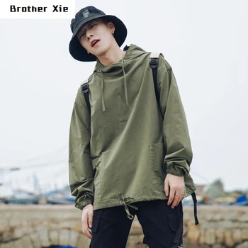 

Spring New Pullover Jacket Men Fashion Solid Color Large Pocket Hooded Jacket Man Streetwear Wild Hip Hop Loose Bomber Jacket