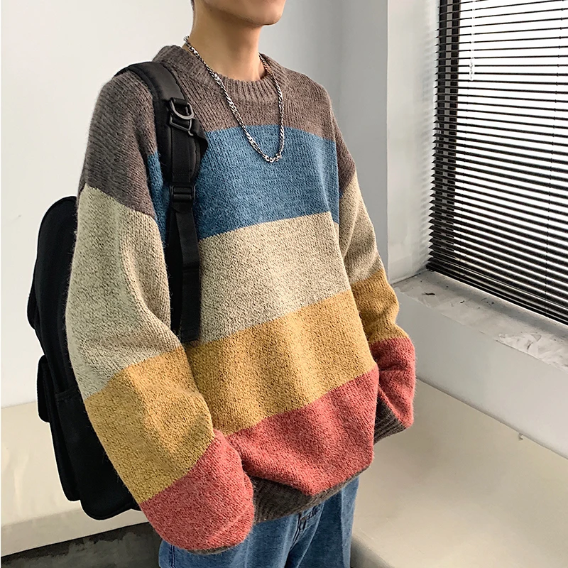 

Winter Striped Sweater Men Warm Fashion Contrast Color Casual O-neck Knitted Pullover Man Wild Loose Long-sleeved Sweater Male