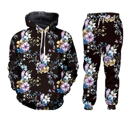 Survêtement à motif de fleurs pour homme, ensemble 2 pièces, sweat à capuche, pantalon 3D, surdimensionné, manches longues, Streetwear, hiver 