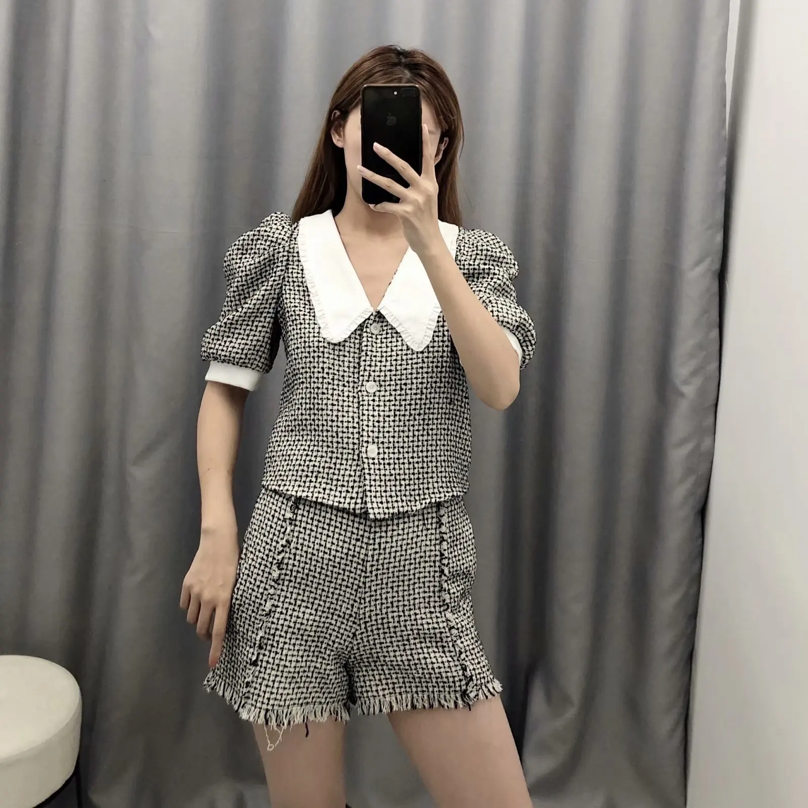 

French Sweet Peter Pan Collar Poplin Tweed Tops 2019 New Style Versatile High-waisted Short Puff Sleeve Tops