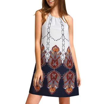 

Women Halter Neck Boho Print Sleeveless Casual Mini Beachwear Dress Sundress S