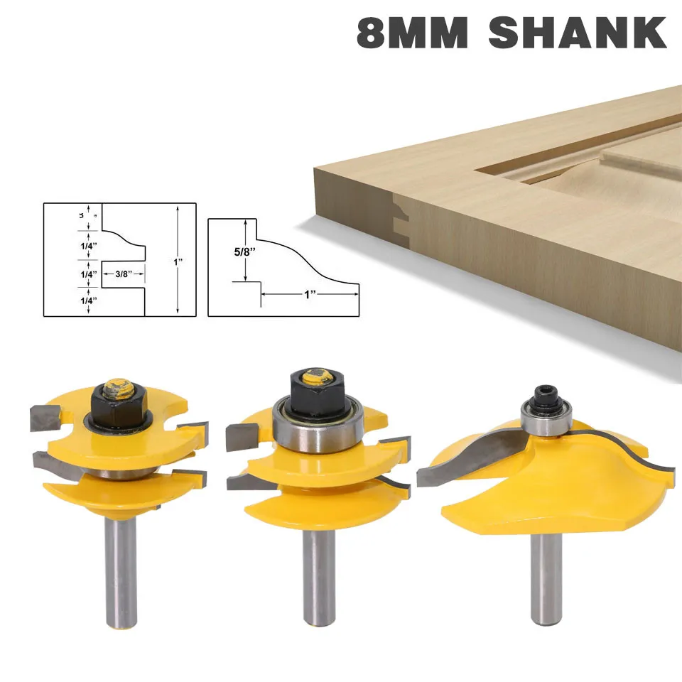 

2PC/set 8mm Shank Milling Cutter Woodwork Raised Panel Cabinet Door Router Bit Set - 3 Bit Ogee Cutter Woodworking Router Bits